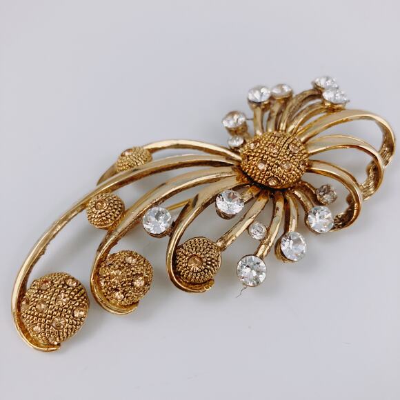 Large 3" VTG MCM Atomic Sun Burst Floral Sunflower Gold Tone Rhinestone Brooch - Picture 2 of 7